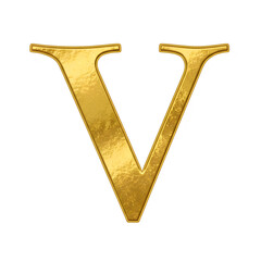 Isolated capital letter v with a golden texture and a white outline on a dark plane view transparent background
