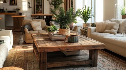 wooden table and decorations in living room
