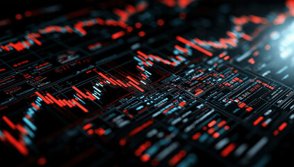 Close up of financial data charts and graphs with dark background, showcasing vibrant red and blue colors. intricate details highlight market trends and analytics