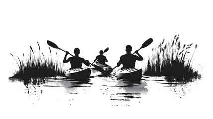 Three people kayaking on calm water, paddling near tall reeds, enjoying the outdoor adventure.