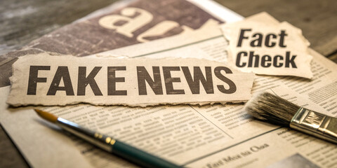 Newspaper clippings, "Fake News" headline, "Fact Check" text, vintage newsprint texture, green pen, sepia tones, close-up view, media literacy concept, disinformation theme, journalistic integrity, fa