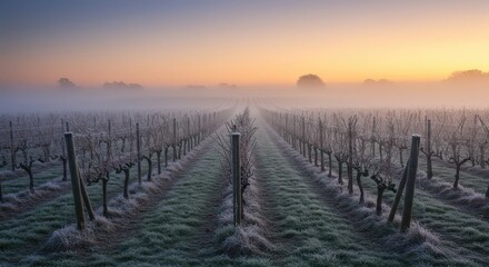 Obraz premium Rows of Vines in Vineyard Covered by Fog at Sunrise