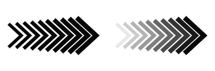 Motion arrow icon with speed effect. Directional road arrow sign. Black right swipe arrow for animation. Vector illustration on white background.