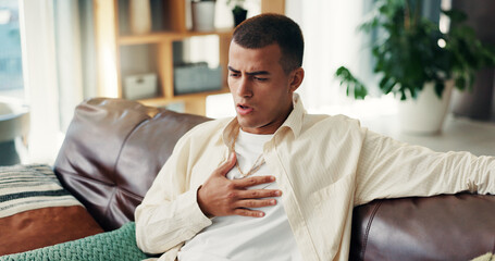 Home, man and sick with chest pain for cough, asthma and infection virus in living room on sofa....