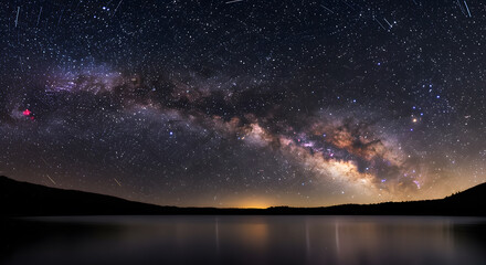 Fototapeta premium Milky Way Above Still Lake Water with Meteor Shower at Night