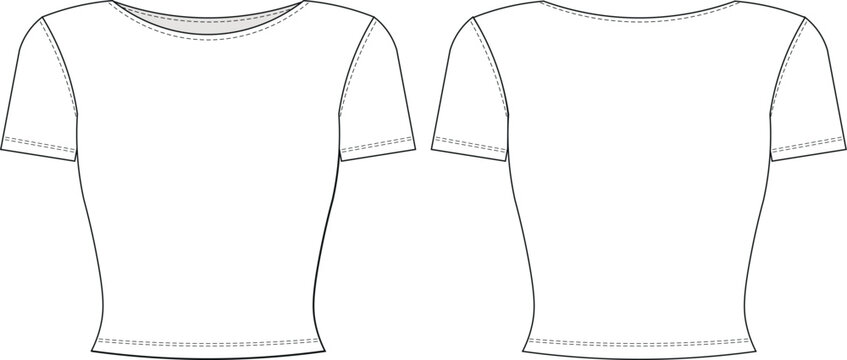 round neck short sleeve fit elastic basic blouse top tshirt tee template technical drawing flat sketch cad mockup fashion woman design style model 
