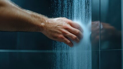 A man's hand is under a shower head