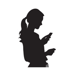 Silhouette of happy young woman using cell phone line art vector icon illustration isolated on white background.