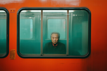 An Asian man seated in a subway train, captured in a nostalgic 70s aesthetic.