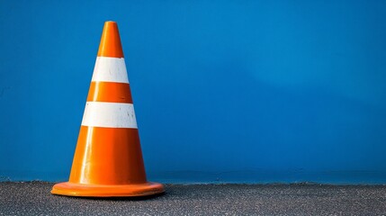 Orange traffic cone against blue wall on pavement. Urban safety concept