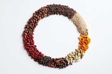 Exotic spices from around the world, arranged in a circle,