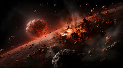 Captivating space scene depicting an asteroid and meteor amidst a gamma-ray burst illustrating the beauty of cosmic explosions in space.