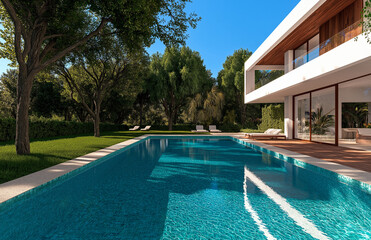 Modern villa with swimming pool and terrace, surrounded by lush greenery, creating serene and luxurious outdoor space. Perfect for relaxation and leisure