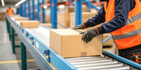 warehouse worker, conveyor belt, cardboard box, logistics, orange safety vest, blue shelving, industrial setting, package handling, storage facility, order fulfillment, distribution center, gloved