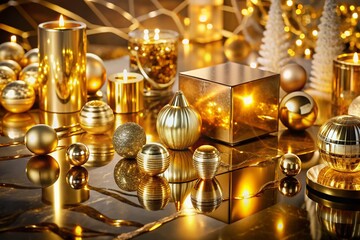 Overhead Shot of Eco-Friendly Gold & Marble Objects on Glass Surface with Reflections