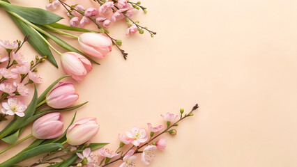 Pink tulips and cherry blossoms on a light beige background