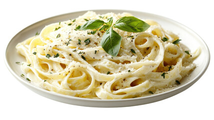 Creamy fettuccine alfredo garnished with fresh basil on a rustic white plate