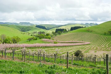 Fototapeta premium Flowering Fruit Tree Orchard in Bloom: Rows of blossoming apple and cherry trees with fresh blooms, set against rolling green hills