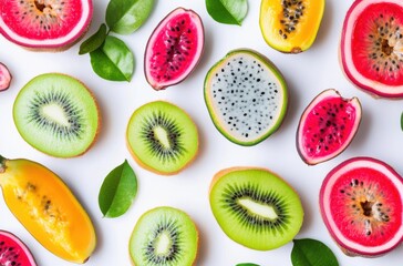 Naklejka premium Flat lay of exotic fruits like dragon fruit, passion fruit,
