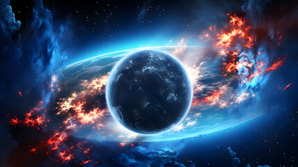 Spectacular cosmic explosion with vibrant gamma-ray bursts illuminating an alien planet in the dark expanse of the universe.