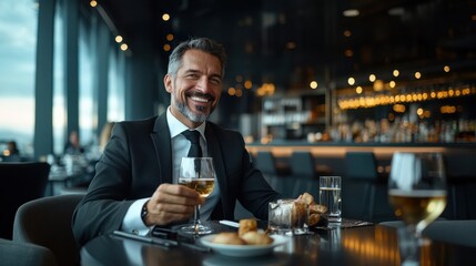 A man in a suit is sitting at a table with a glass of wine and a plate of food