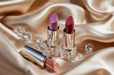 Flat lay of luxury lipsticks with diamonds