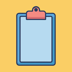 Clipboard vector illustration with blank sheet, A vector illustration of a clipboard with a blank sheet of paper, featuring a pink clip and a blue frame, set against a yellow background.
