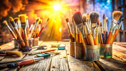 Fototapeta premium Paint Brushes on Wooden Workshop Table - Artist Supplies Stock Photo