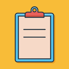 Clipboard with lines vector illustration, A vector illustration of a clipboard with a sheet of paper featuring horizontal lines, a red clip, and a teal frame, set against a yellow background.

