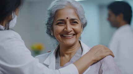 Fototapeta premium Happy young Indian doctor therapist in white coat has appointment consulting supporting putting hand on shoulder of older senior female patient in modern clinic hospital. Medical healthcare concept.