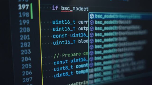  The algorithm of the computer program on the monitor. Execution of the program code for the mining program. Pop-up lines of a computer program