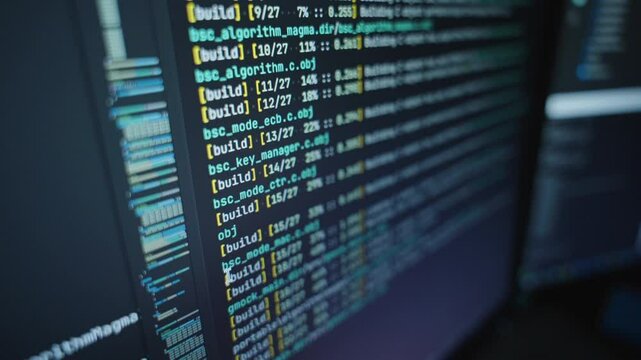  The algorithm of the computer program on the monitor. Execution of the program code for the mining program. Pop-up lines of a computer program