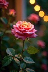 Obraz premium A single pink rose blossom bathed in the soft glow of evening lights, delicately framed by lush green foliage and blurred background