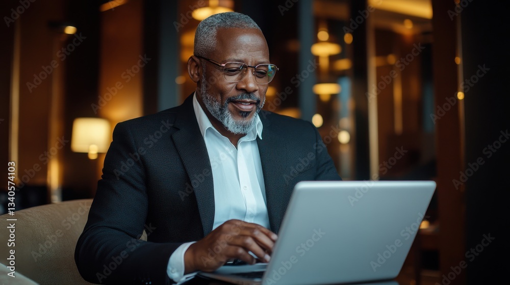 Poster a man in a suit is typing on a laptop computer