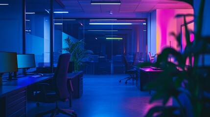 An office space is illuminated with blue and purple lighting