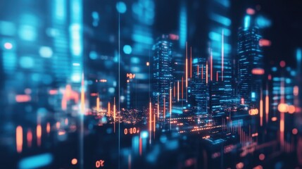 Abstract glowing big data forex candlestick chart on blurry city backdrop. Trade, technology, investment and analysis concept. Double exposure