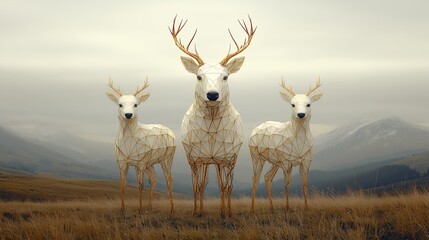 Fototapeta premium Pixelated White Deer in Misty Mountain Landscape