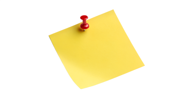 Yellow Sticky Note with Red Push Pin isolated on transparent background  