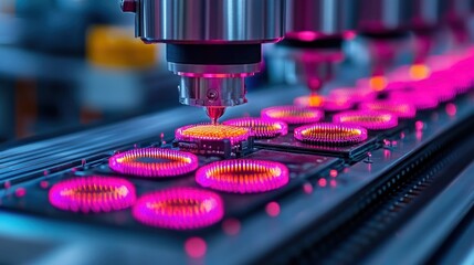 Automated Industrial Manufacturing Process: High-Precision Assembly Line with LED Lighting