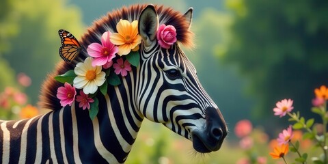A Zebra Adorned with a Floral Crown and Butterfly in a Meadow