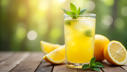 Fototapeta premium Close-up of a refreshing glass of lemonade with ice and mint