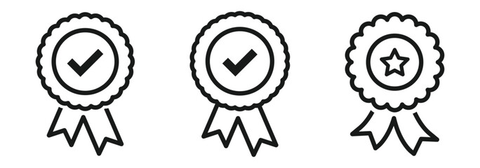 Set of badge with ribbons icon. Approved or certified badge correct mark icon symbol. Verified medal icon isolated on white background.