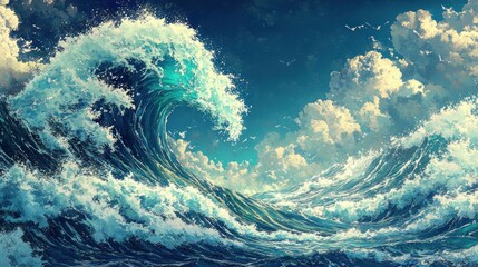 A powerful, vibrant ocean wave crests against a dramatic sky