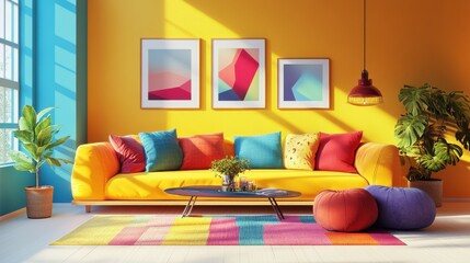 Bold and colorful living room with bright furniture | Interior design of a living room with brightly colored walls, long cozy sofas, colorful pillows and rug |. Generative Ai. illustration
