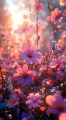 Vibrant Pink Flower Field Bathed in Soft Sunlight with Sparkling Highlights