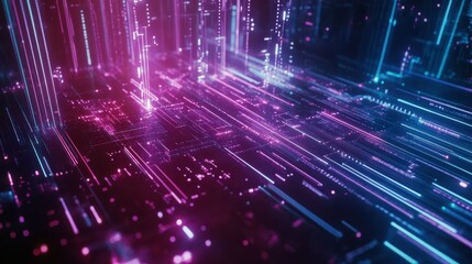 Obraz premium Futuristic cityscape with glowing structures and digital pathways, showcasing advanced urban innovation.