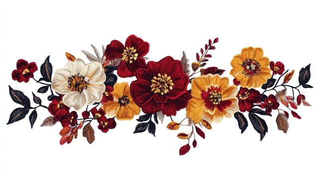 Autumnal floral arrangement. Vibrant bouquet of deep burgundy, gold, and cream flowers, leaves, and sprigs