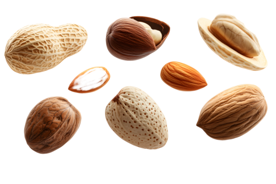 Set of assorted nuts on white background