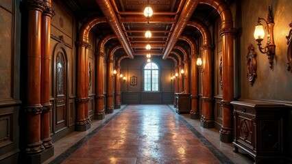 Fototapeta premium Elegant Grand Hallway with Ornate Columns and Copper Piping, Featuring Rich Woodwork and Warm Lighting