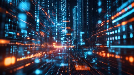 Obraz premium Futuristic Cityscape Depicting Digital Data Processing and Networks